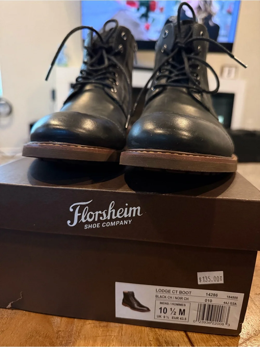 Florsheim Black Leather Lodge Cap Toe Boots with Brown Sole